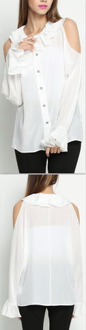 Cold-Shoulder Ruffle-Trim Silk Blouse - DESIGNER INSPIRED FASHIONS