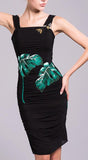 Banana Leaf Embroidered, Bee Embellished Ruched Fitted Dress in Black - DESIGNER INSPIRED FASHIONS