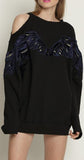 Wing-Embroidered Cold-Shoulder Sweatshirt, Black