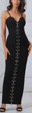 Studded Long Zip-Down Bodycon Bandage Dress, Black or Deep Pink