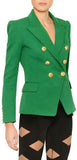 Double-Breasted Gold Button Twill Blazer, Green - DESIGNER INSPIRED FASHIONS