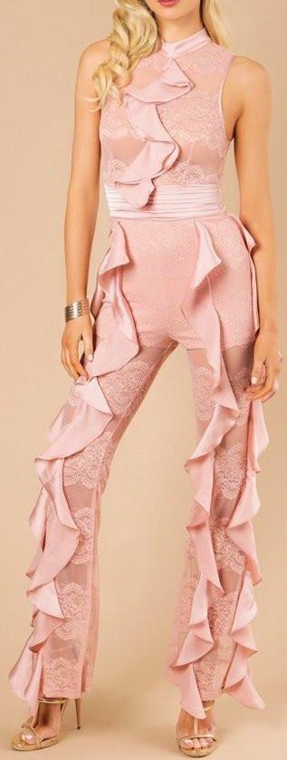 Lace Ruffle Jumpsuit, Pink - DESIGNER INSPIRED FASHIONS