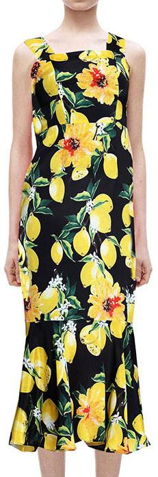 Lemon & Floral Print Midi Dress in Black - DESIGNER INSPIRED FASHIONS