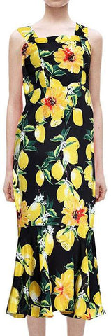 Lemon & Floral Print Midi Dress in Black - DESIGNER INSPIRED FASHIONS