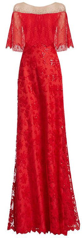 Crystal-Embellished Off-the-Shoulder Illusion Lace Gown, Red