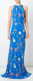 Sleeveless Long Printed Silk Dress-Blue - DESIGNER INSPIRED FASHIONS