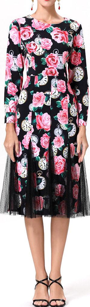 Tulle-Paneled Printed Dress