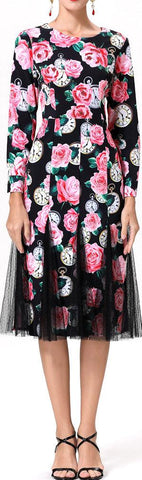 Tulle-Paneled Printed Dress