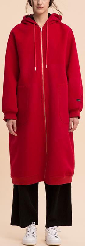Long Red Wool Zip Hoodie-Coat