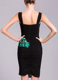 Banana Leaf Embroidered, Bee Embellished Ruched Fitted Dress in Black - DESIGNER INSPIRED FASHIONS