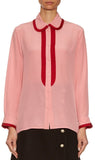 Sequin Neck-Bow Silk Ruffle Oxford Shirt-Pink - DESIGNER INSPIRED FASHIONS