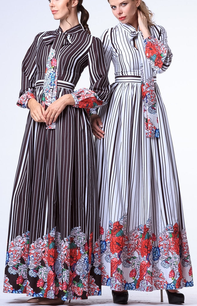 Floral & Stripe Print Neck-Tie Long Dress-White - DESIGNER INSPIRED FASHIONS