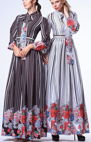 Floral & Stripe Print Neck-Tie Long Dress-White - DESIGNER INSPIRED FASHIONS