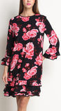 Rose-Printed Ruffle-Trimmed Silk Blend Shift Dress - DESIGNER INSPIRED FASHIONS