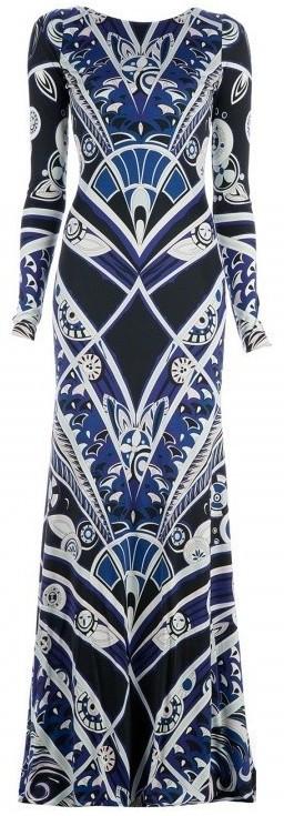 Long Silk Geometric Print Gown - Blue - DESIGNER INSPIRED FASHIONS