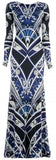 Long Silk Geometric Print Gown - Blue - DESIGNER INSPIRED FASHIONS