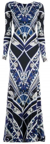 Long Silk Geometric Print Gown - Blue - DESIGNER INSPIRED FASHIONS