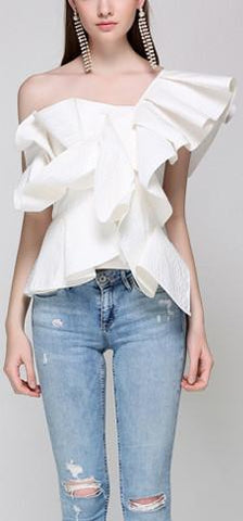 One-Shoulder Ruffled Top, White - DESIGNER INSPIRED FASHIONS