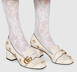Embroidered Leather Mid-Heel Pump