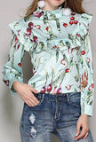 Radish Print Ruffle-Bib Blouse - Light Blue or Yellow