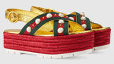 Metallic Leather Pearl-Studded Platform Sandals - DESIGNER INSPIRED FASHIONS
