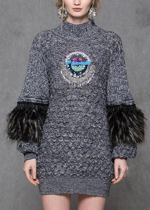 Ostrich Feather Sequin Embellished Knit Sweater - DESIGNER INSPIRED FASHIONS