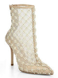 Pearlette Beaded Mesh Leather Ankle Boots