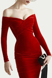 Off-The-Shoulder Red Velvet Dress - DESIGNER INSPIRED FASHIONS