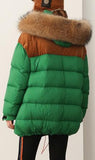 Color-Contrast Puffer Jacket with Removable Fur Hood