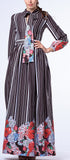 Floral & Stripe Print Neck-Tie Long Dress-Black - DESIGNER INSPIRED FASHIONS