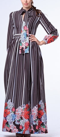 Floral & Stripe Print Neck-Tie Long Dress-Black - DESIGNER INSPIRED FASHIONS