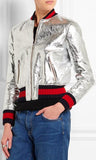 Crackle Leather Metallic Bomber Jacket-Silver - DESIGNER INSPIRED FASHIONS