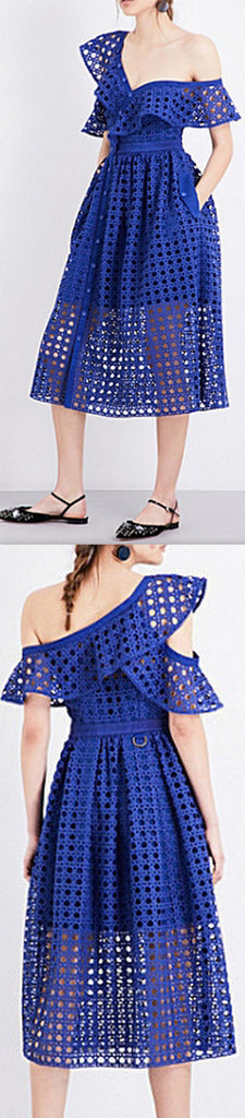 Guipure Frill Midi Dress, Blue - DESIGNER INSPIRED FASHIONS