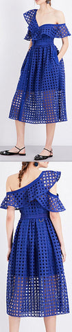 Guipure Frill Midi Dress, Blue - DESIGNER INSPIRED FASHIONS