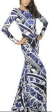 Long Silk Geometric Print Gown - Blue - DESIGNER INSPIRED FASHIONS