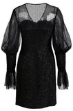 Black Glitter Flocked-Sleeve Mini Dress