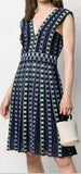 Knit V-Neck Pleated Mini Dress, Dark Blue
