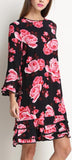 Rose-Printed Ruffle-Trimmed Silk Blend Shift Dress - DESIGNER INSPIRED FASHIONS