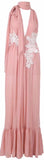 Low-Cut Macrame-Embroidered Halter Gown