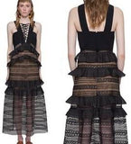 Black Lace Tie-Up Front Long Dress - DESIGNER INSPIRED FASHIONS