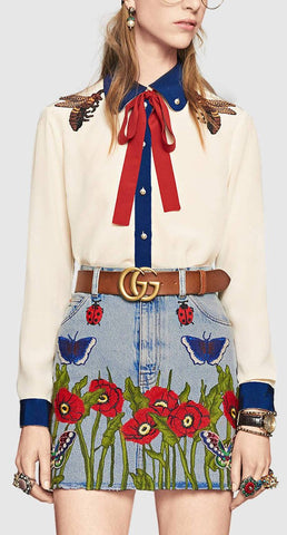 Embroidered Blouse & Belted Mini Denim Skirt Set - DESIGNER INSPIRED FASHIONS