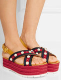 Metallic Leather Pearl-Studded Platform Sandals - DESIGNER INSPIRED FASHIONS