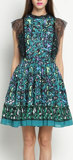 Printed Lace-Sleeve Fit & Flare Mini Dress