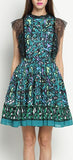 Printed Lace-Sleeve Fit & Flare Mini Dress