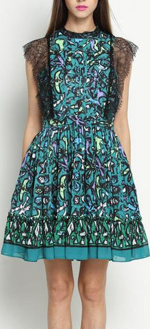 Printed Lace-Sleeve Fit & Flare Mini Dress