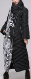 Printed Paneled Long Puffer Coat, Black
