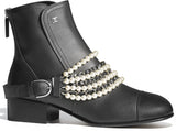 Faux-Pearl-Embellished Leather Booties