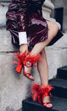 Feather-Trimmed Satin Sandals - Red or Orange