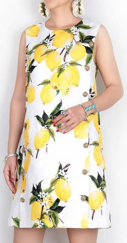 Embellished Jacquard Lemon Print Shift Dress - DESIGNER INSPIRED FASHIONS