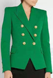 Double-Breasted Gold Button Twill Blazer, Green - DESIGNER INSPIRED FASHIONS
